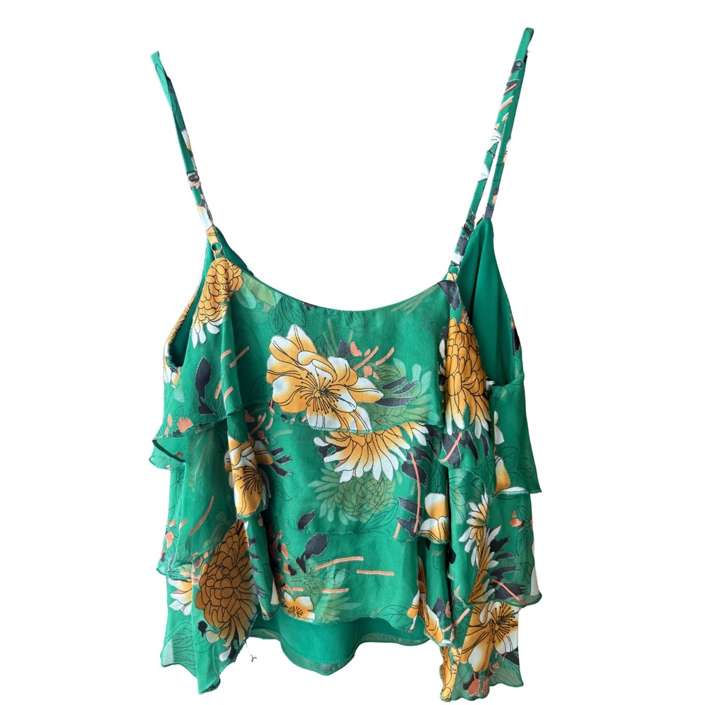 Alice & Olivia Vanessa Green Floral Silk Cami Size M Tiered Ruffle Top ASO TV - Picture 3 of 9